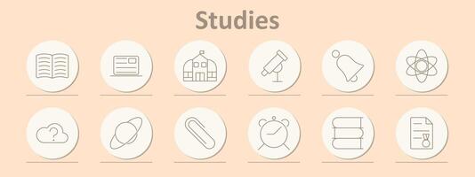 Studies icons set. Book, ID card, school, telescope, bell, atom, cloud, planet, paper clip, alarm clock, books, certificate. Line icons on beige background. vector