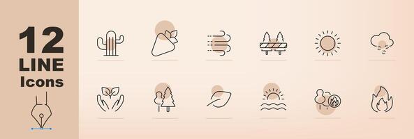 Nature and weather set icon. Cactus, mountain, wind, fence, sun, clouds, leaves, tree, leaf, sunrise, forest, fire, environmental changes, climate symbols, natural elements vector