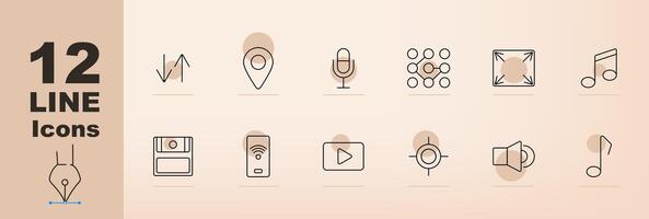 Media and entertainment set icon. Chart, location pin, microphone, network, expand, music note, camera, wifi, play button, focus, speaker, media technology, audio visual, broadcast services vector