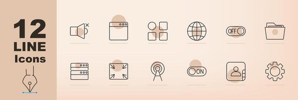 Web interface set icon. Mute, browser, grid, globe, toggle, folder, minimize, maximize, antenna, switch, profile, settings, online tools, internet features, digital interface vector