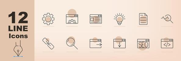 Web development set icon. Gear, browser, website, light bulb, document, analytics, chain link, magnifying glass, download, SEO, code, web development tools, internet technology, online optimization vector