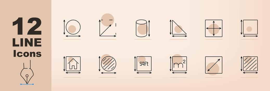 Measurement and geometry set icon. Circle, triangle, cylinder, square, house, sqft, meter, area, perimeter, dimensions, geometric shapes, mathematical figures, spatial measurements vector
