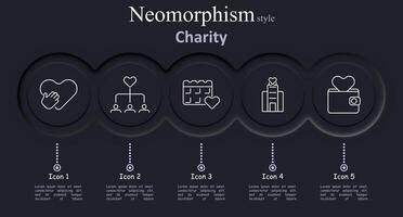 Charity set icon. Hand on heart, organizational chart, calendar, building, wallet, donation, support, event, structure, schedule, institution, finance. vector