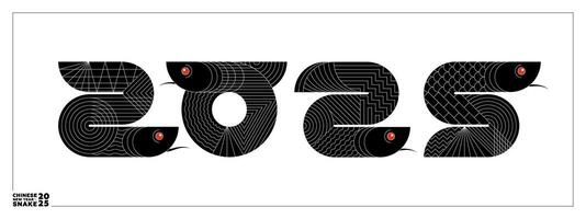 2025 geometric chinese Happy New Year snake banner. Black abstract China zodiac animal serpent set. Asian modern shapes with linear pattern logo. Template for oriental calendar or poster. eps vector