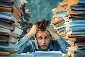 A man is sitting at a desk with a pile of papers in front of him photo