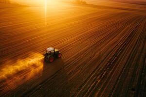 A tractor is spraying a field with a yellowish brown dust photo