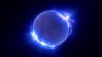Abstract purple bright glowing background with a sphere core atom energy video