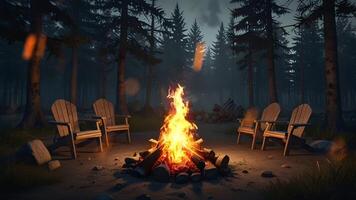 A campfire burns brightly in a forest at dusk, casting a warm glow on the surrounding trees and rocks, evoking a sense of wilderness adventure video