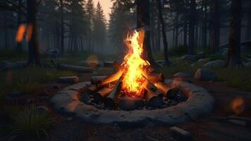 A campfire burns brightly in a forest at dusk, casting a warm glow on the surrounding trees and rocks, evoking a sense of wilderness adventure video