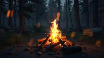 A campfire burns brightly in a forest at dusk, casting a warm glow on the surrounding trees and rocks, evoking a sense of wilderness adventure video