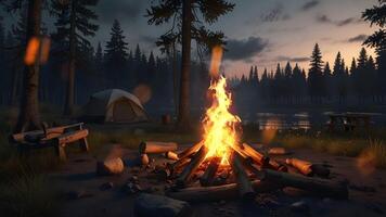 A campfire burns brightly in a forest at dusk, casting a warm glow on the surrounding trees and rocks, evoking a sense of wilderness adventure video