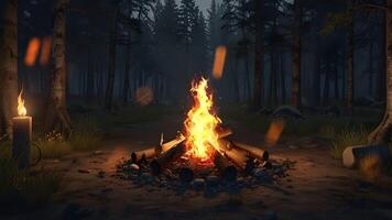 A campfire burns brightly in a forest at dusk, casting a warm glow on the surrounding trees and rocks, evoking a sense of wilderness adventure video