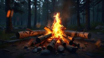 A campfire burns brightly in a forest at dusk, casting a warm glow on the surrounding trees and rocks, evoking a sense of wilderness adventure video