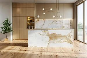 A kitchen with a marble countertop and a large window photo