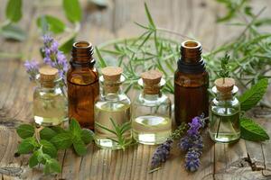 A collection of essential oils and herbs are displayed on a wooden table photo