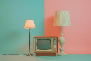 A television is sitting on a stand next to a lamp photo
