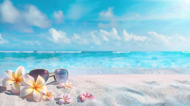 un playa escena con un par de Gafas de sol y un manojo de flores en el arena foto
