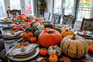 A table is set with a variety of pumpkins and leaves, creating a warm photo
