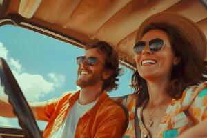 A man and a woman are smiling and laughing while driving in a car photo