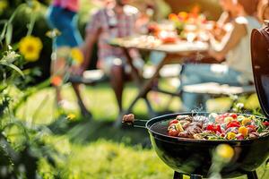 A group of people are gathered around a grill, cooking food photo