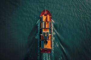 A large ship with many containers on it is sailing in the ocean photo