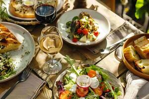 A table with a variety of food and drinks, including a salad, pizza, and wine photo