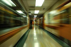 A hallway with a blurry background and a light shining on the floor photo