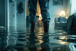 A man in a pair of boots stands in a flooded room photo