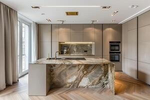 A kitchen with a marble countertop and a large window photo