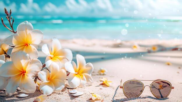 un playa escena con un par de Gafas de sol y un manojo de flores en el arena foto
