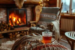 A white mug with a warm beverage sits on a blanket next to a fireplace photo