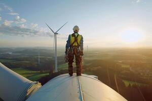 A man in a yellow helmet and orange vest stands on a wind turbine photo