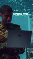 Vertical National guard machinist managing cybersecurity measures to protect federal government data from enemy breaches. Army troop conducting reconnaissance or demining operations. Camera A. video