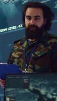 Vertical Infantry unit leader coordinating troops to execute special operations, briefing crew with mission details for national safety. Military commander studies real time surveillance data. Camera B. video