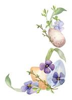 Easter watercolor frame with colorful eggs and first spring flowers isolated on white. Floral illustration with eggs hand painted for Easter design in neutral color. Blue periwinkle painted vector