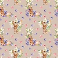 Easter rabbit, eggs and flowers seamless pattern isolated on neutral. Watercolor hare and blue, pink flowers hand drawn. Print of white lily hand painted. For design textile, package, wrapping paper vector