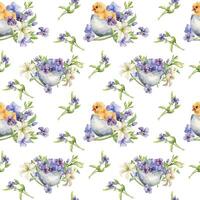 Chick in egg shell with flowers Easter seamless pattern isolated on white. Watercolor baby bird and blue spring plants hand drawn. For design Easter decoration, background, textile, package, paper vector