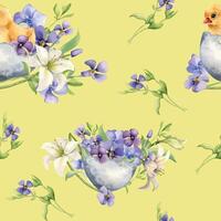 Chick in egg shell with flowers Easter seamless pattern isolated on beige. Watercolor baby bird and blue spring plants hand drawn. For design Easter decoration, background, textile, package, paper vector
