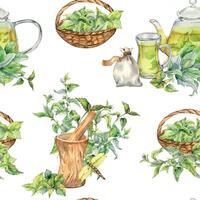 Wooden utensil, glass teapot with herb tea and nettle watercolor seamless pattern isolated on white. Herb sachet and straw basket with medicinal plants hand drawn. Design for textile, wrapping. vector