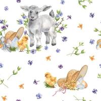 Watercolor floral seamless pattern with Easter lamb and eggs isolated on white. Spring blue, yellow flowers with baby animals hand drawn for Easter print in neutral color. For design textile, package. vector
