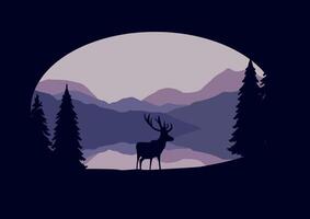 Deer near the lake and mountains illustration design. vector