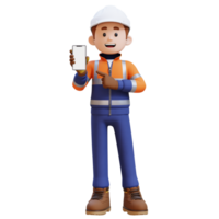 3D Construction Worker Character Pointing to Empty Phone Screen png