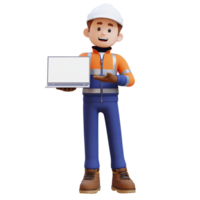 3D Construction Worker Character Presenting on Empty Computer Screen png