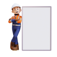 3D Construction Worker Character Lying on Blank Placard in Crossed Arm Pose png