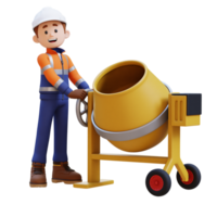 3D Construction Worker Character Working on Concrete Mixer png
