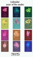 Calendar for the year 2025 of the snake, set of all months beginning on Monday. Polygonal transparent colorful snakes, geometric modern figures vector