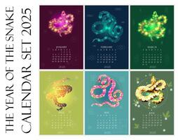 Calendar for the year 2025 of the snake, set of January February February March April May June months beginning on Monday. Polygonal transparent colorful snakes, geometric modern figures vector