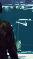 Vertical General headquarters under ruling of army IT professional that reviews insight about a new national safety mission. Command sergeant major briefing his marine corps troops with big data. Camera A. video