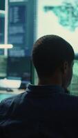 Vertical Cyber security team conducting cyber surveillance and threat detection in a governmental agency. Hackers working on cybercrime and malware prevention, data breach protection. Camera B. video