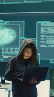 Vertical Hackers group failing to hack a system in high tech agency office, reading critical error message on big screen. Specialists trying to steal important database information from rival states. Camera B. video